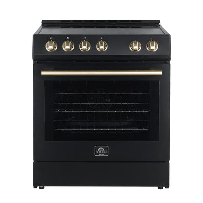 FORNO Premium 4-Piece Kitchen Bundle - Leonardo Espresso 30" Black Electric Range, 30" Black Range Hood, 31" Black Bottom Freezer Refrigerator, 24" Black Built-In Dishwasher - FBDL-006-02US