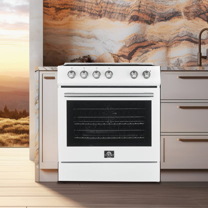 FORNO Premium 3-Piece Kitchen Bundle - Leonardo Espresso 30" White Range, 31" White Bottom Freezer Refrigerator, 24" White Built-In Dishwasher - FBDL-007-03US