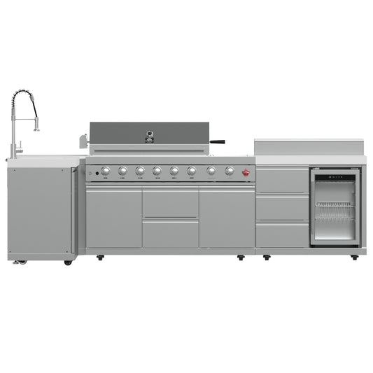 FORNO Bulnes 40-Inch BBQ, 95,000 BTU, 5 Burners, Sear & Rotisserie Infrared with Side Burner, Stainless Steel Outdoor Kitchen with 1.8 cu.ft. Beverage Center & White Sintered Stone Countertops