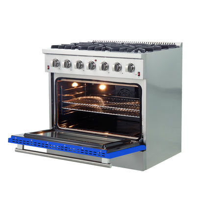 Forno Galiano 36-Inch Freestanding Gas Range, Stainless Steel, 6 Burners, Energy Efficient, Blue Door
