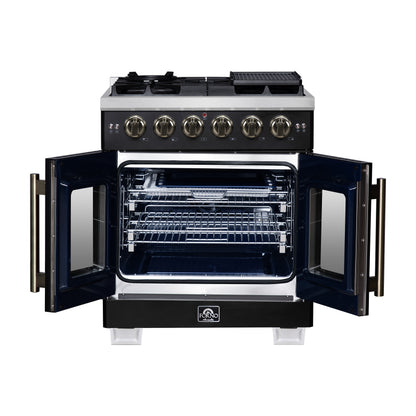Forno Capriasca 30-Inch Freestanding French Door Gas Range, 4 Burners, Convection Oven, Energy Efficient