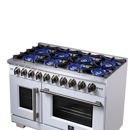 Forno Capriasca 48-Inch White Freestanding French Door Gas Range, 8 Burners, Convection Oven, Energy Efficient