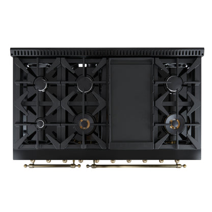 Forno Antico 48-Inch Freestanding Gas Range, Black, Antique Brass Design, 8 Burners, Griddle, Double Ovens, Energy Efficient
