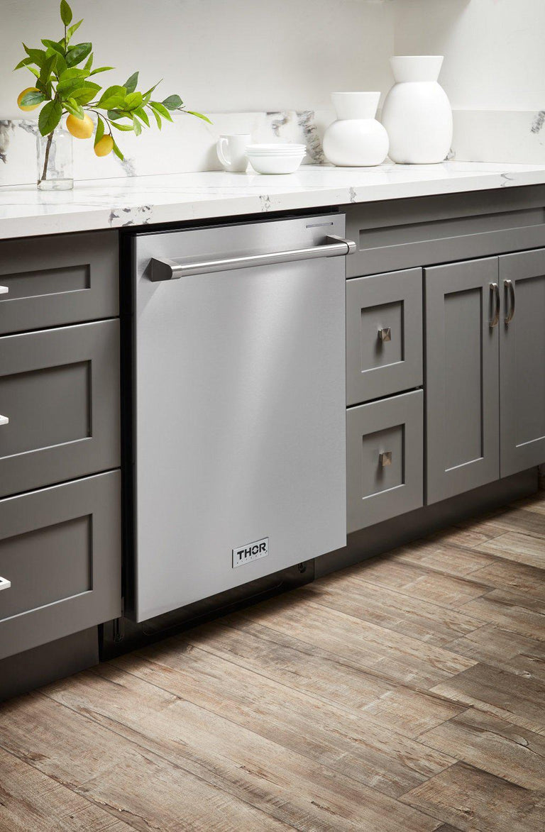 THOR Contemporary Package - 36" Electric Range, Range Hood, Refrigerator, Dishwasher, Microwave and Wine Cooler, ARE36-HRH3607-TRF3602-HWD2401SS-TMD3002-TWC2402