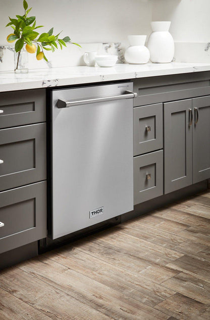 THOR Contemporary Package - 36" Electric Range, Range Hood, Refrigerator, Dishwasher, Microwave and Wine Cooler, ARE36-HRH3607-TRF3602-HWD2401SS-TMD3002-TWC2402