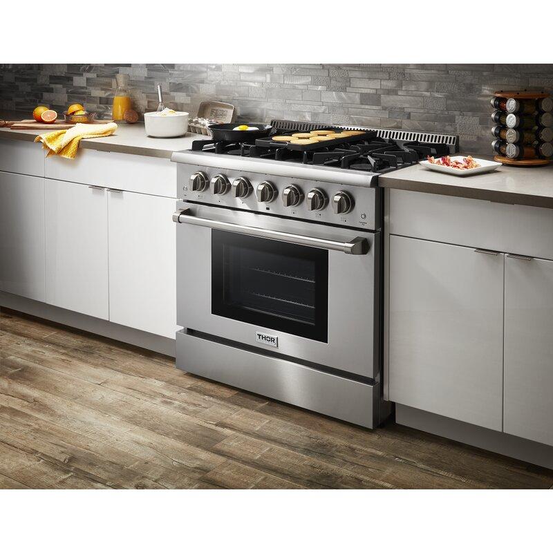 THOR Kitchen Package - 36" Dual Fuel Range & Range Hood Package, HRD3606U-HRH3607
