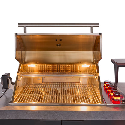 Forno Rimini Outdoor Kitchen 30" BBQ 62,600 BTU, 3 Burners with Sear & Rotisserie, 2.4 cu.ft. Beverage Center, Stainless Steel Sink, Black Cabinets & Gray Sintered Stone Countertop