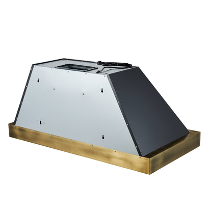 Forno Vittorio 48-Inch Wall Mount Range Hood, Black with Antique Brass Trim, 600 CFM Airflow, Dishwasher-Safe Baffle Filters, Remote Control, 3-Speed Fan, Bright LED Lighting.