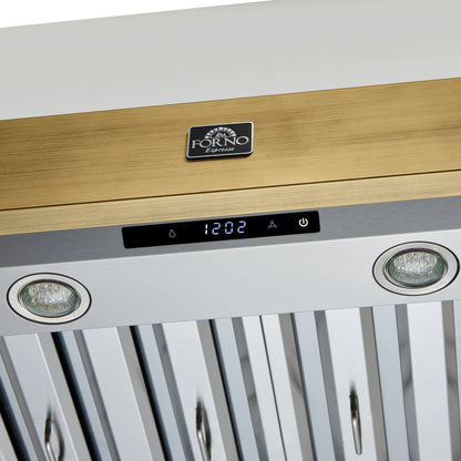 Forno Vittorio 48-Inch Wall Mount Range Hood, White with Antique Brass Trim, 600 CFM Airflow, Dishwasher-Safe Baffle Filters, Remote Control, 3-Speed Fan, Bright LED Lighting