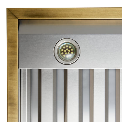 Forno Vittorio 48-Inch Wall Mount Range Hood, White with Antique Brass Trim, 600 CFM Airflow, Dishwasher-Safe Baffle Filters, Remote Control, 3-Speed Fan, Bright LED Lighting