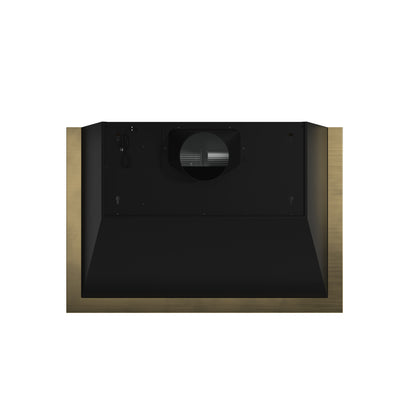 Forno Vittorio 36-Inch Wall Mount Range Hood, Black with Antique Brass Trim, 600 CFM Airflow, Dishwasher-Safe Baffle Filters, Remote Control, 3-Speed Fan, Bright LED Lighting.