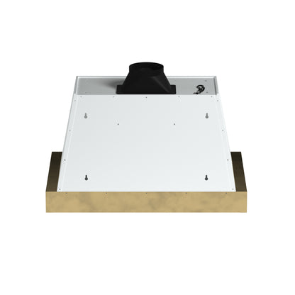 Forno Vittorio 36-Inch Wall Mount Range Hood, White with Antique Brass Trim, 600 CFM Airflow, Dishwasher-Safe Baffle Filters, Remote Control, 3-Speed Fan, Bright LED Lighting.