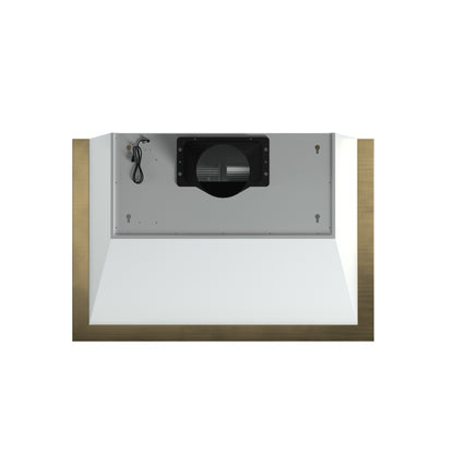 Forno Vittorio 36-Inch Wall Mount Range Hood, White with Antique Brass Trim, 600 CFM Airflow, Dishwasher-Safe Baffle Filters, Remote Control, 3-Speed Fan, Bright LED Lighting.