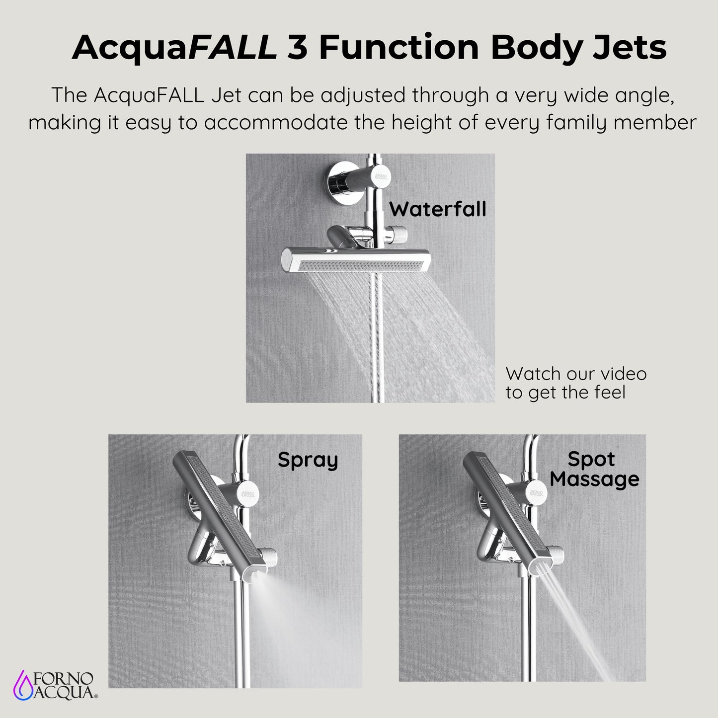 Forno Acqua AcquaFALL Shower, Polished Stainless Steel Finish, Overhead Rainfall Shower, Handheld Shower Head, Body Jets, 2.5 GPM Flow Rate
