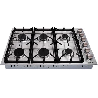 THOR Kitchen Package - 30" Wall Oven, 36" Cooktop, Range Hood, Refrigerator with Water and Ice Dispenser, Dishwasher, HEW3001-HRH3607-TGC3601-TRF3601FD-HDW2401SS
