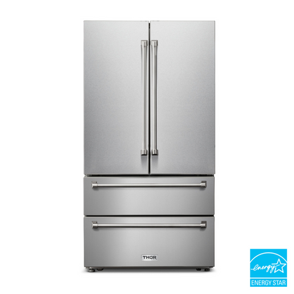 THOR Contemporary Package - 36" Electric Range, Range Hood, Refrigerator, Dishwasher, Microwave and Wine Cooler, ARE36-HRH3607-TRF3602-HWD2401SS-TMD3002-TWC2402