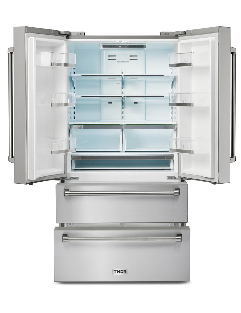 THOR Contemporary Package - 36" Electric Range, Range Hood, Refrigerator, Dishwasher, Microwave and Wine Cooler, ARE36-HRH3607-TRF3602-HWD2401SS-TMD3002-TWC2402