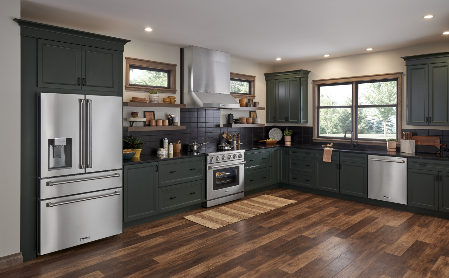 THOR Kitchen Package - 30" Wall Oven, 36" Cooktop, Range Hood, Refrigerator with Water and Ice Dispenser, Dishwasher, HEW3001-HRH3607-TGC3601-TRF3601FD-HDW2401SS