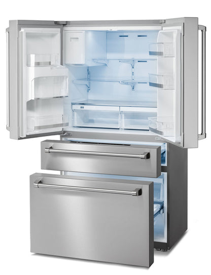 THOR Contemporary Package - 36" Gas Range, Range Hood, Refrigerator and Microwave, ARG36LP-HRH3607-TRF3601FD-TMD3002