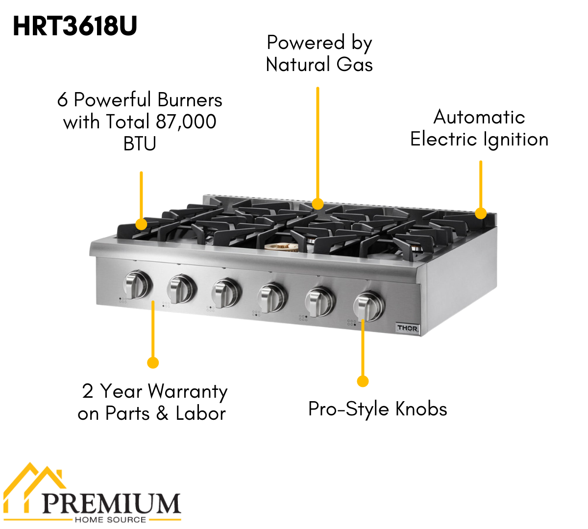 THOR Kitchen Package - 36" Gas Cooktop and Range Hood, HRT3618U-HRH3607