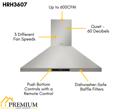 THOR Kitchen Package - 36" Dual Fuel Range & Range Hood Package, HRD3606U-HRH3607