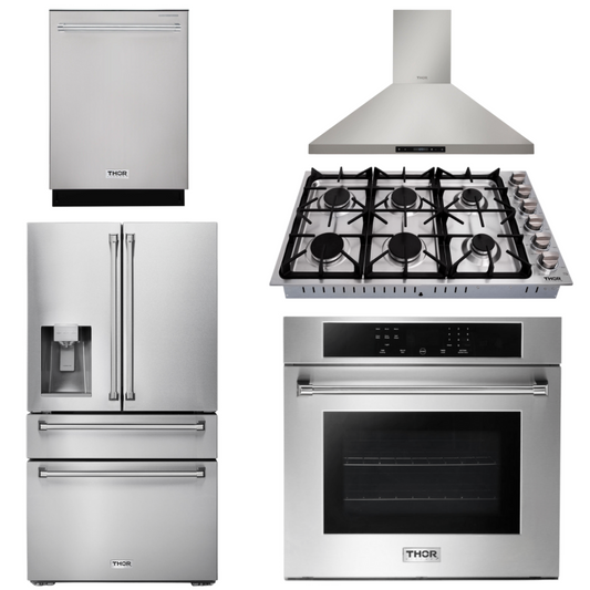 THOR Kitchen Package - 30" Wall Oven, 36" Cooktop, Range Hood, Refrigerator with Water and Ice Dispenser, Dishwasher, HEW3001-HRH3607-TGC3601-TRF3601FD-HDW2401SS