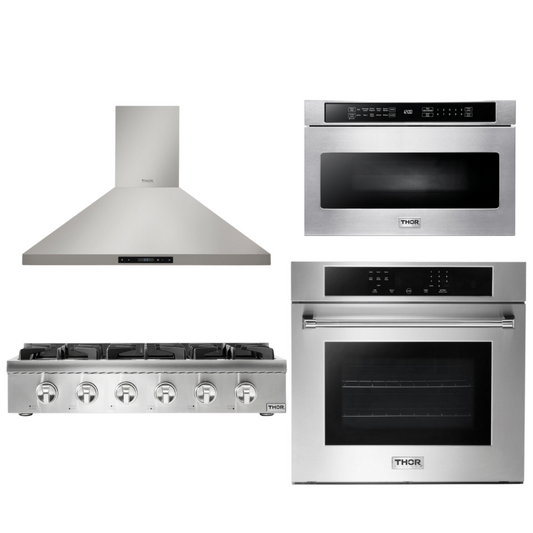THOR Kitchen Package - 36" Propane Gas Rangetop, Range Hood, Wall Oven, Microwave, HRT3618ULP-HRH3607-HEW3001-TMD2401
