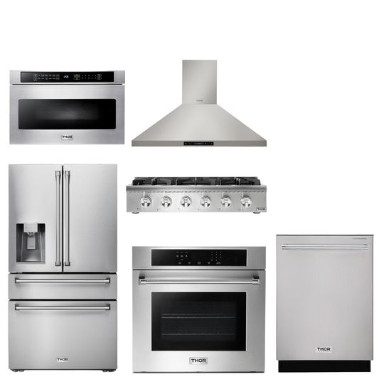 THOR Kitchen Package - 36" Propane Gas Rangetop, Range Hood, Wall Oven, Refrigerator, Dishwasher, Microwave, HRT3618ULP-HRH3607-HEW3001-TRF3601FD-HDW2401SS-TMD2401
