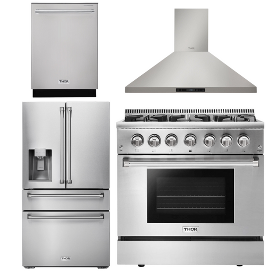 THOR Kitchen Package - 36" Propane Dual Fuel Range, Range Hood, Dishwasher, Refrigerator with Water and Ice Dispenser, HRD3606ULP-HRH3607-TRF3601FD-HDW2401SS