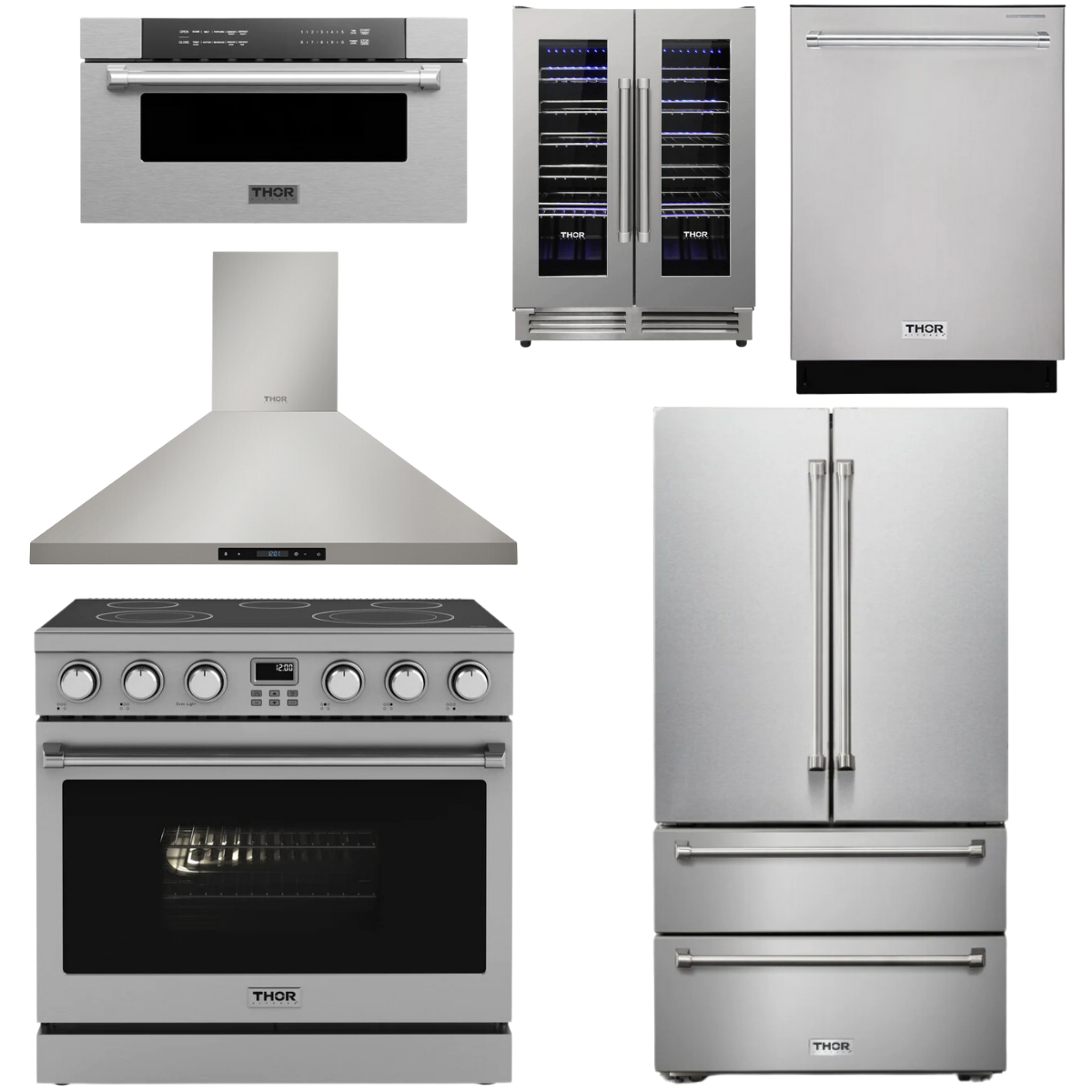 THOR Contemporary Package - 36" Electric Range, Range Hood, Refrigerator, Dishwasher, Microwave and Wine Cooler, ARE36-HRH3607-TRF3602-HWD2401SS-TMD3002-TWC2402