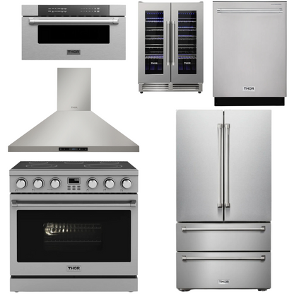 THOR Contemporary Package - 36" Electric Range, Range Hood, Refrigerator, Dishwasher, Microwave and Wine Cooler, ARE36-HRH3607-TRF3602-HWD2401SS-TMD3002-TWC2402
