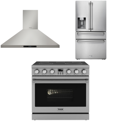 THOR Contemporary Package - 36" Electric Range, Range Hood and Refrigerator, ARE36-HRH3607-TRF3601FD