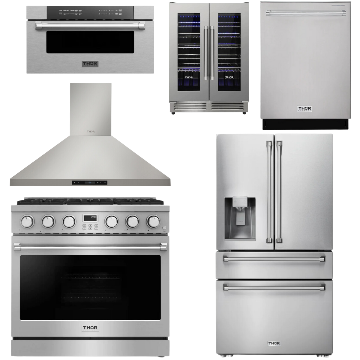 THOR Contemporary Package - 36" Gas Range, Range Hood, Refrigerator, Dishwasher, Microwave and Wine Cooler, ARG36LP-HRH3607-TRF3601FD-HDW2401SS-TMD3002-TWC2402