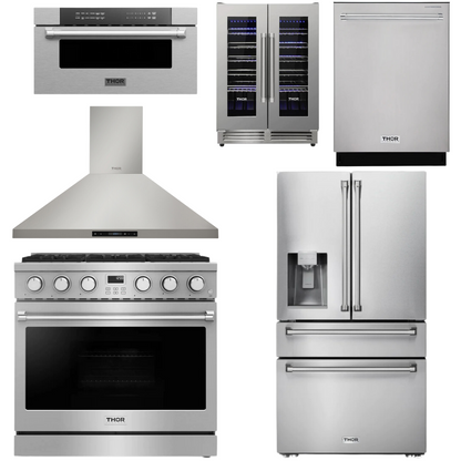 THOR Contemporary Package - 36" Gas Range, Range Hood, Refrigerator, Dishwasher, Microwave and Wine Cooler, ARG36LP-HRH3607-TRF3601FD-HDW2401SS-TMD3002-TWC2402