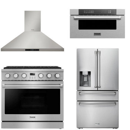 THOR Contemporary Package - 36" Gas Range, Range Hood, Refrigerator and Microwave, ARG36LP-HRH3607-TRF3601FD-TMD3002