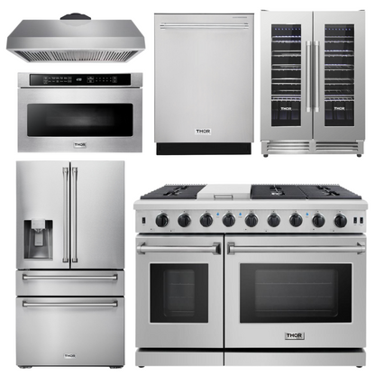 THOR Kitchen Package - 48" Gas Range, Range Hood, Refrigerator with Water and Ice Dispenser, Dishwasher, Wine Cooler, Microwave, LRG4807U-TRH4805-TRF3601FD-HWD2401SS-TWC2402-TMD2401