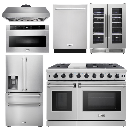 THOR Kitchen Package - 48" Gas Range, Range Hood, Refrigerator with Water and Ice Dispenser, Dishwasher, Wine Cooler, Microwave, LRG4807U-TRH4805-TRF3601FD-HWD2401SS-TWC2402-TMD2401
