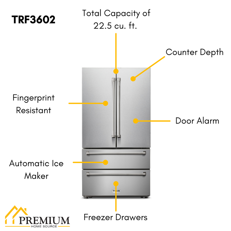 THOR Kitchen Package - 30" Wall Oven, 36" Gas Cooktop, Range Hood, Refrigerator, Dishwasher, HEW3001-HRH3607-TGC3601-TRF3602-HDW2401SS