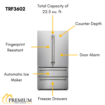 THOR Kitchen Package - 30" Wall Oven, 36" Gas Cooktop, Range Hood, Refrigerator, Dishwasher, HEW3001-HRH3607-TGC3601-TRF3602-HDW2401SS