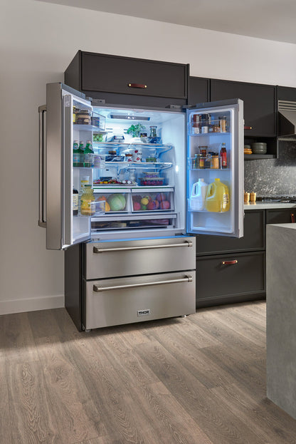 THOR Contemporary Package - 36" Electric Range, Range Hood, Refrigerator, Dishwasher, Microwave and Wine Cooler, ARE36-HRH3607-TRF3602-HWD2401SS-TMD3002-TWC2402