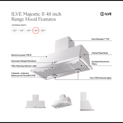 ILVE Majestic II 48 inch Wall Mount Range Hood Stainless Steel Trim Emerald Green