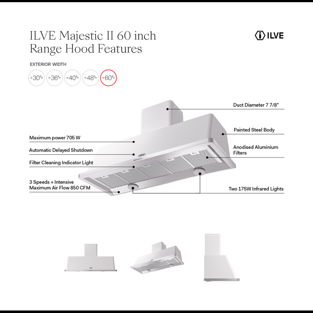 ILVE Majestic II 60 inch Wall Mount Range Hood Stainless Steel Trim Burgundy