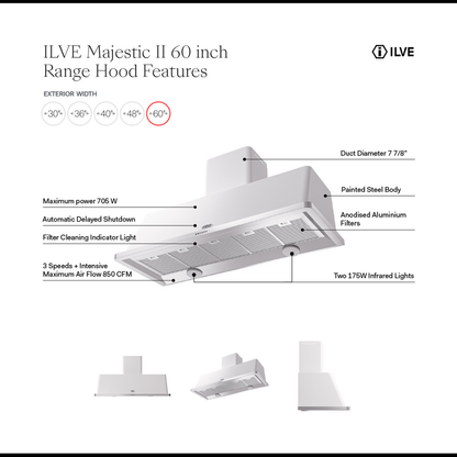 ILVE Majestic II 60 inch Wall Mount Range Hood Stainless Steel Trim Burgundy