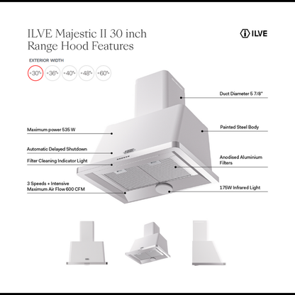 ILVE Majestic II 30 inch Wall Mount Range Hood Stainless Steel Blue Grey