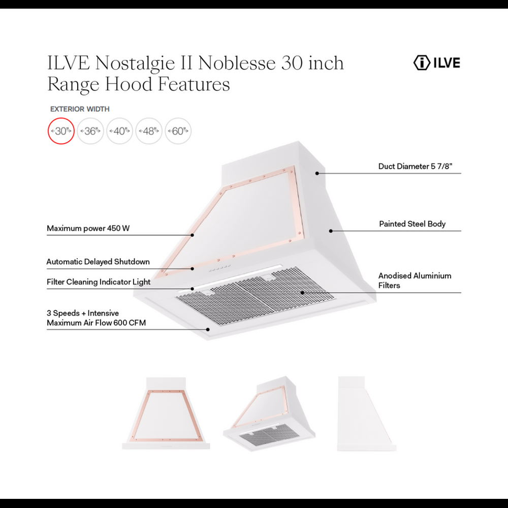 ILVE Nostalgie II Noblesse 30" Glossy Black Range Hood with 600 CFM