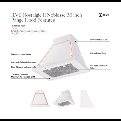 ILVE Nostalgie II Noblesse 30" White Range Hood with 600 CFM