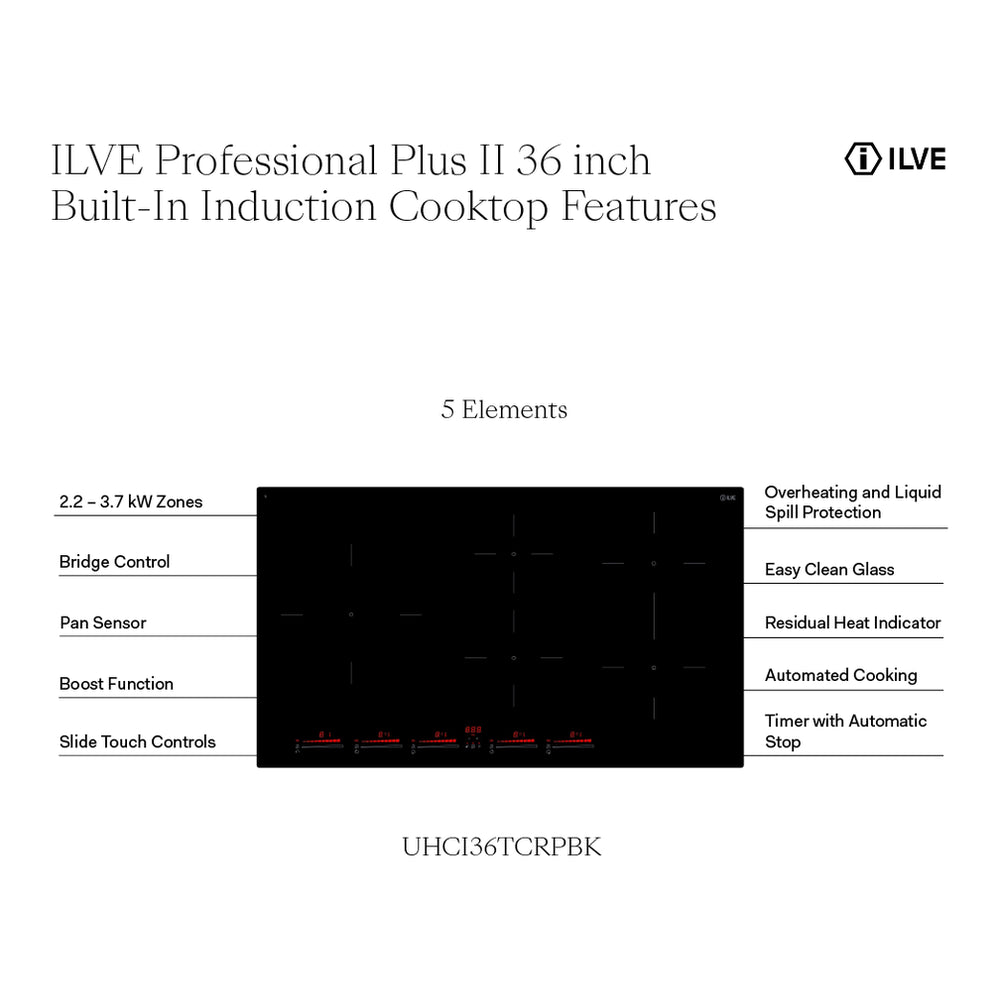 ILVE Professional Plus II 36" Glossy Black Built-In Induction Cooktop with 5 Element Zones