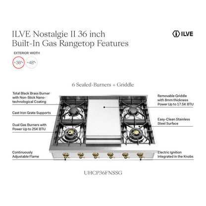 ILVE Nostalgie II 36" Stainless Steel Built-In Gas Rangetop with 6 Burners and Griddle Liquid Propane