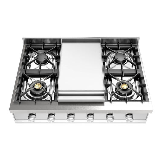 ILVE Professional Plus II 36" Stainless Steel Built-In Gas Rangetop with 6 Burners and Griddle