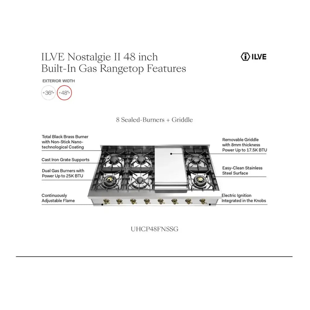 ILVE Nostalgie II 48" Stainless Steel Built-In Gas Rangetop with 8 Burners and Griddle Natural Gas